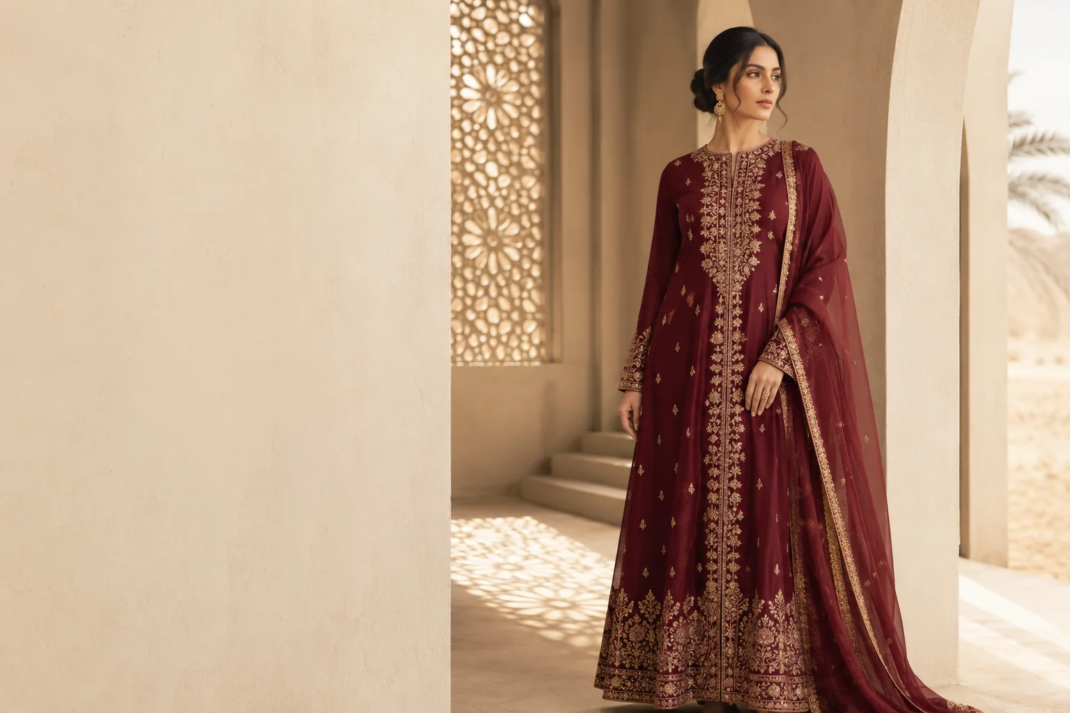 Woman wearing an elegant burgundy Eastern ensemble